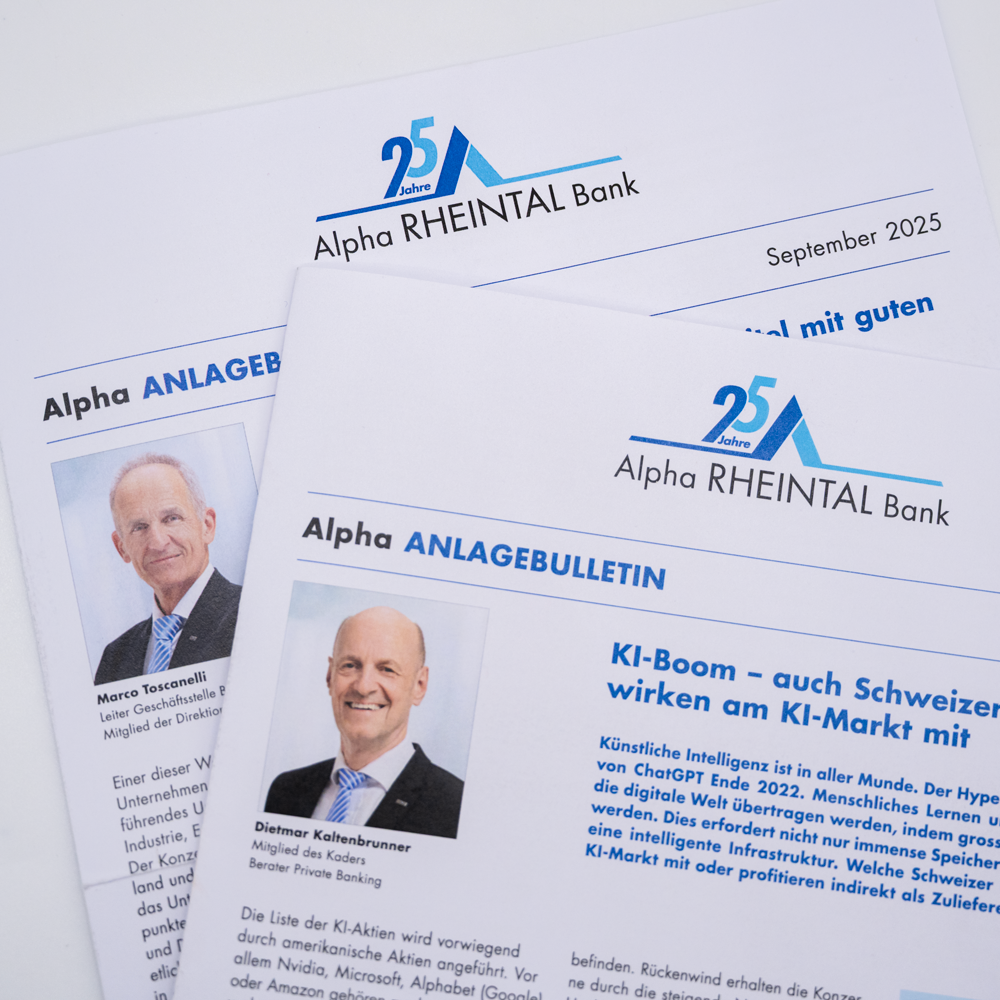 Anlagebulletin der Alpha Rheintal Bank mit Jubiläums-Logo