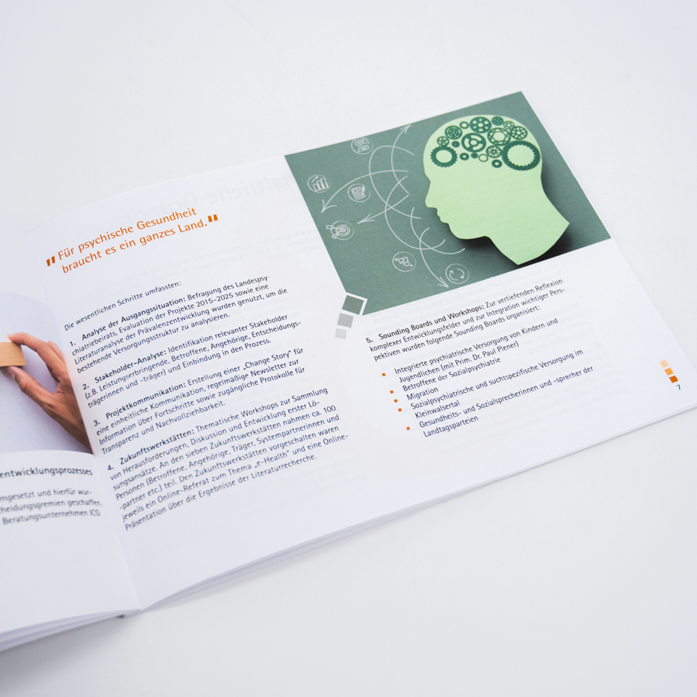 Landesregierung Vorarlberg Suchtstrategie Broschüre geöffnet mit Text, Bildern und Elementen