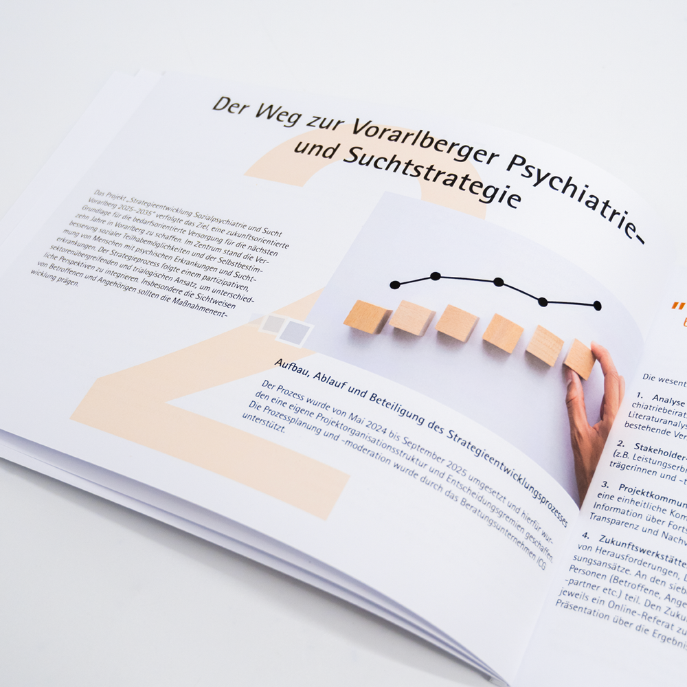 Landesregierung Vorarlberg Suchtstrategie Broschüre geöffnet mit Text, Bildern und Elementen