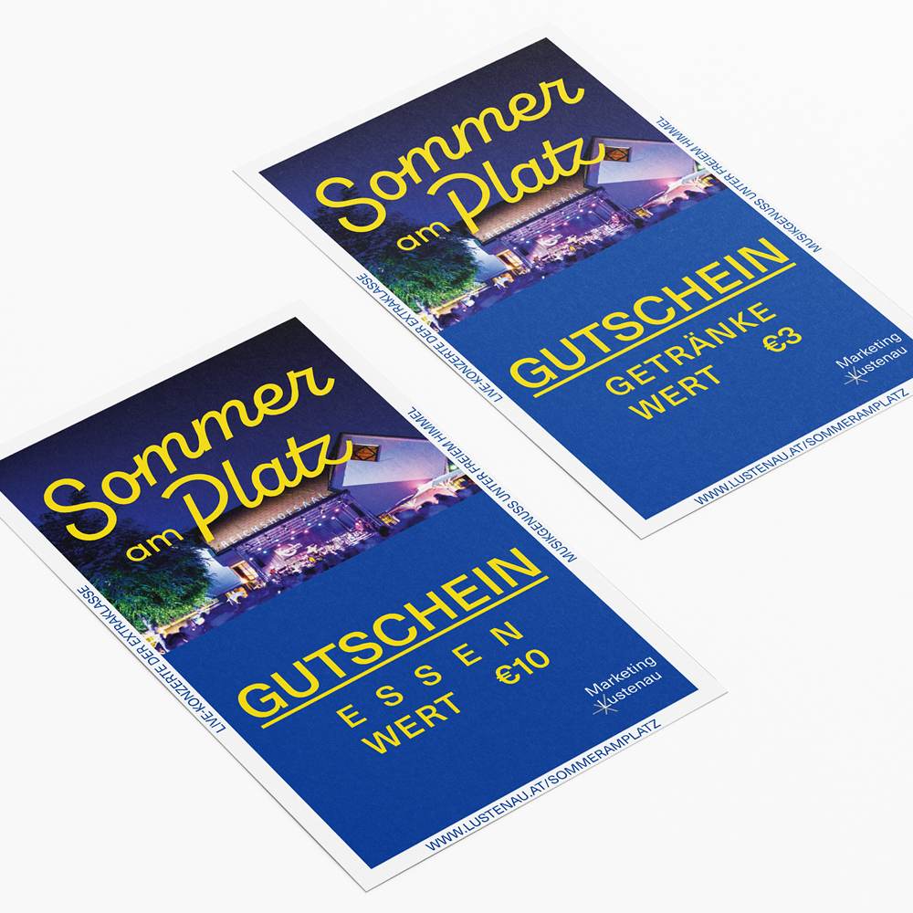 Sommer am Platz Gutschein blau und gelb